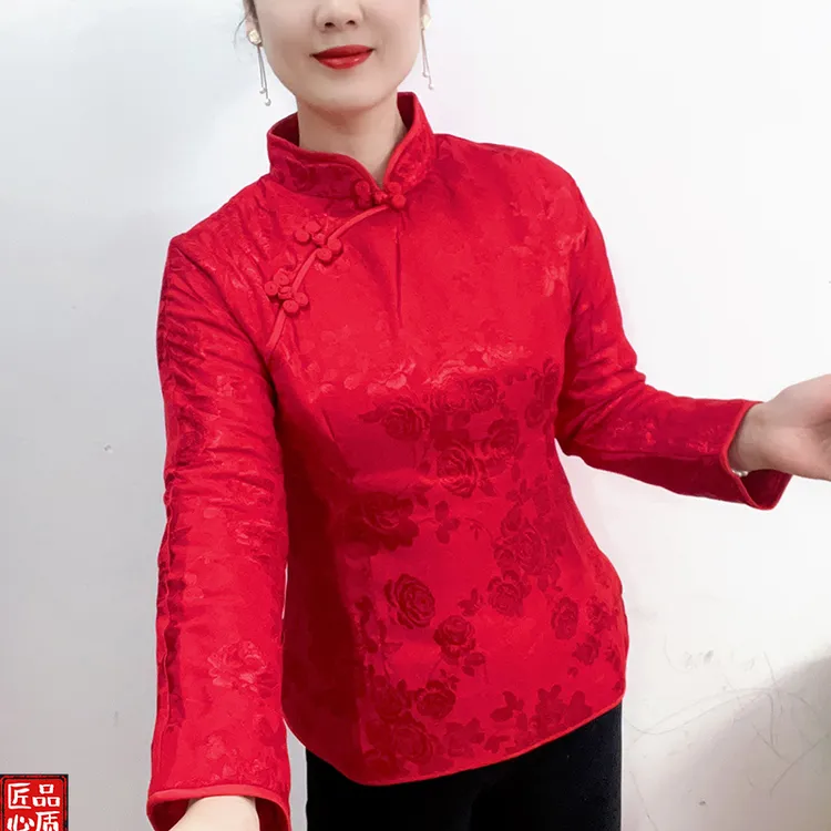 傲雪正品冬季加棉日常立领唐装棉袄外套女装红色国风小袄显瘦年服