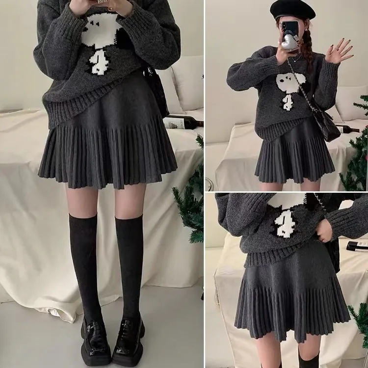 OYRS秋冬新款洋气小个子冬季大码女装百搭高腰A字裙针织百褶裙女