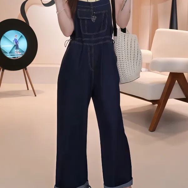 复古港风牛仔背带裤女2025新款宽松百搭抽绳阔腿减龄吊带直筒裤潮