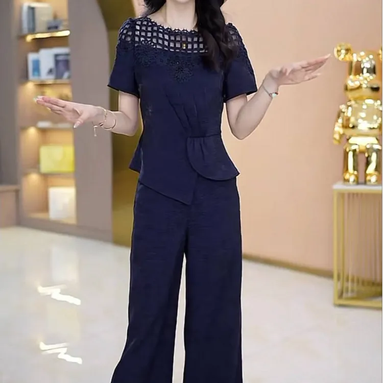 高级浮光锦两件套2025夏季新款气质减龄显瘦短袖时尚上衣裤子套装