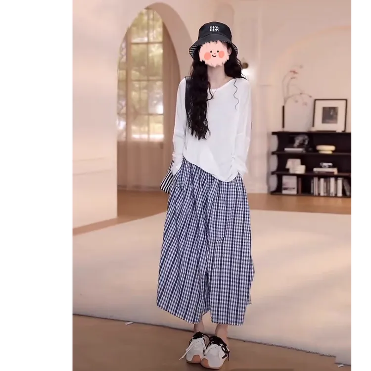 2025春夏百搭U领蕾丝花边长袖T恤+显瘦气质格子半身裙套装