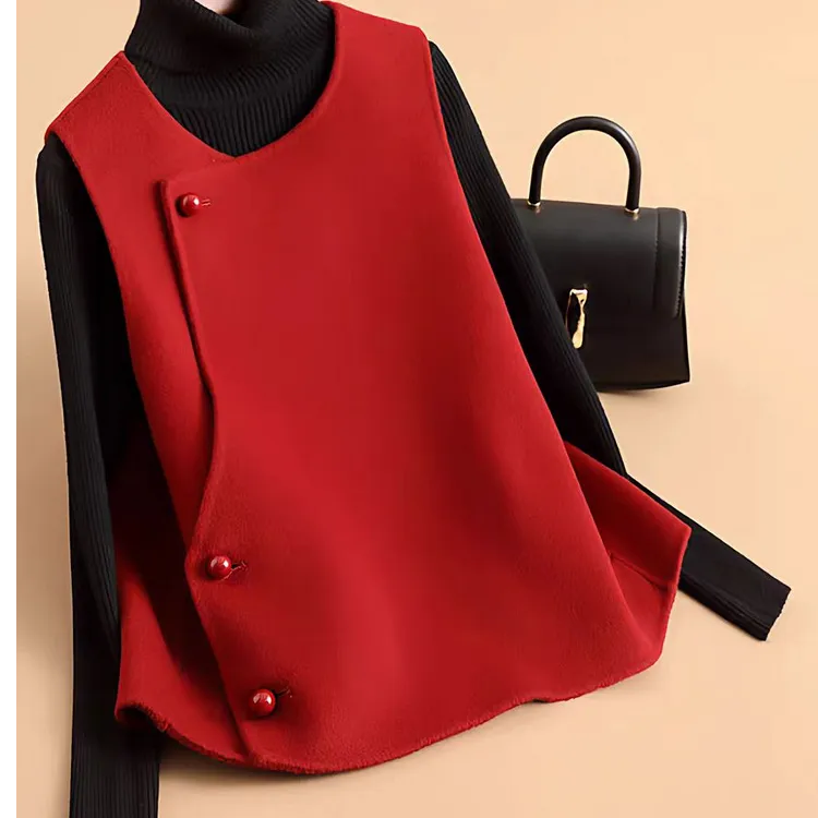 新中式国风红色毛呢马夹女短款无袖马甲高端呢子大衣外套