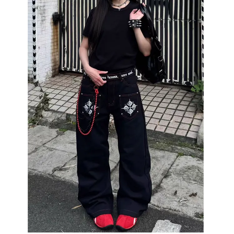 美式街头直筒弯刀牛仔裤男女秋冬设计感排扣阔腿裤宽松垂感长裤子