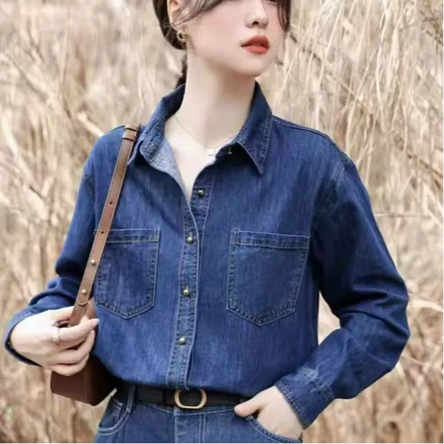 琪宝瑞【现货发】新款牛仔衬衫女叠穿百搭设计感复古港味宽松长袖