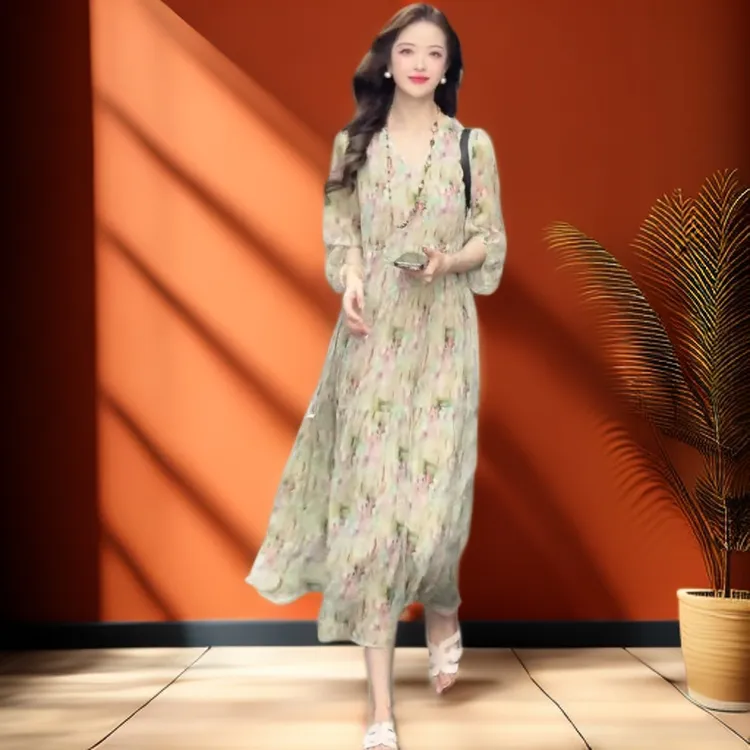 显瘦气质碎花大码新款轻薄系收腰时尚宽松长裙高级感夏季连衣裙