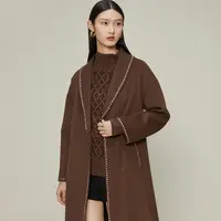 【九月专属】曼德诗纯色长款大衣新款翻领上衣系带收腰外套M431886