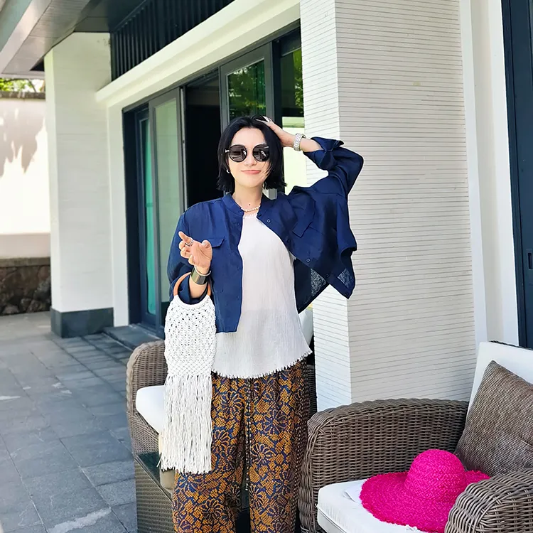 PENNYPENG月光漫游诗恋夏风洋气百搭老钱休闲圆领亚麻长袖衬衫