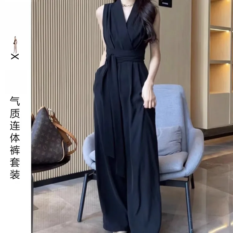 黑色连体裤女夏季2025年新款连体裤套装女夏装高端气质无袖长裤子