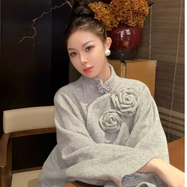 蘇格高定-【玫瑰的故事】时尚复古优雅重工新中式秋冬灰色羊毛外套