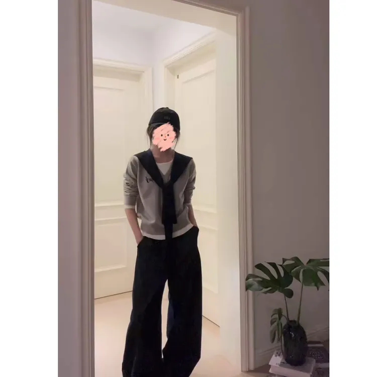 拼接假两件长袖针织衫女2025早秋新款韩系慵懒宽松舒适感百搭上衣