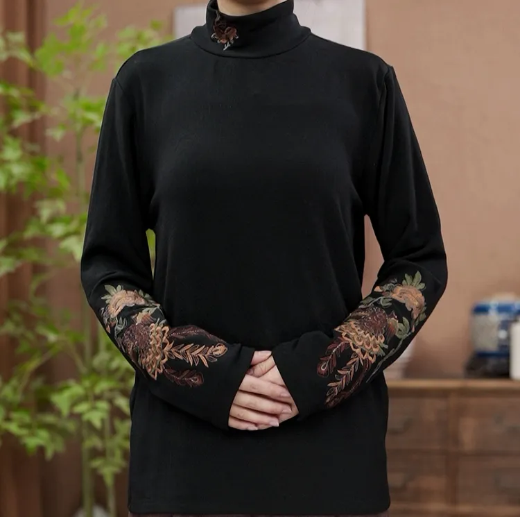 【原制原味】5314秋冬高端女士套头半高领加绒刺绣长袖打底衫