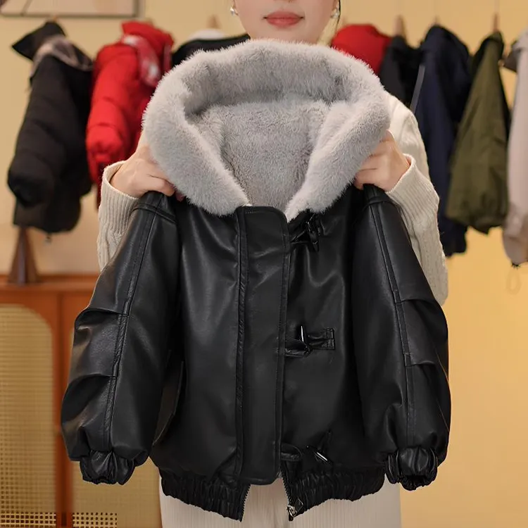 新款儿童韩版加绒加厚款皮草冬季连帽拉链皮衣冬款加绒加棉童装潮