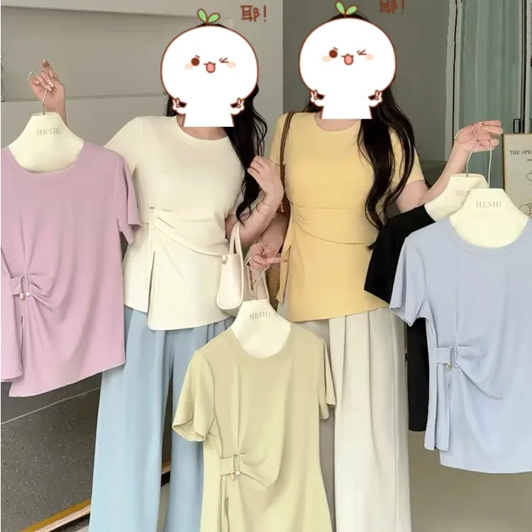 大码女装2025夏季新款时尚休闲显瘦收腰开叉短袖T恤上衣1921