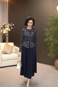 2025秋季高奢藏蓝色轻国风弹力梭织浮雕提花假两件套连衣裙WF3328