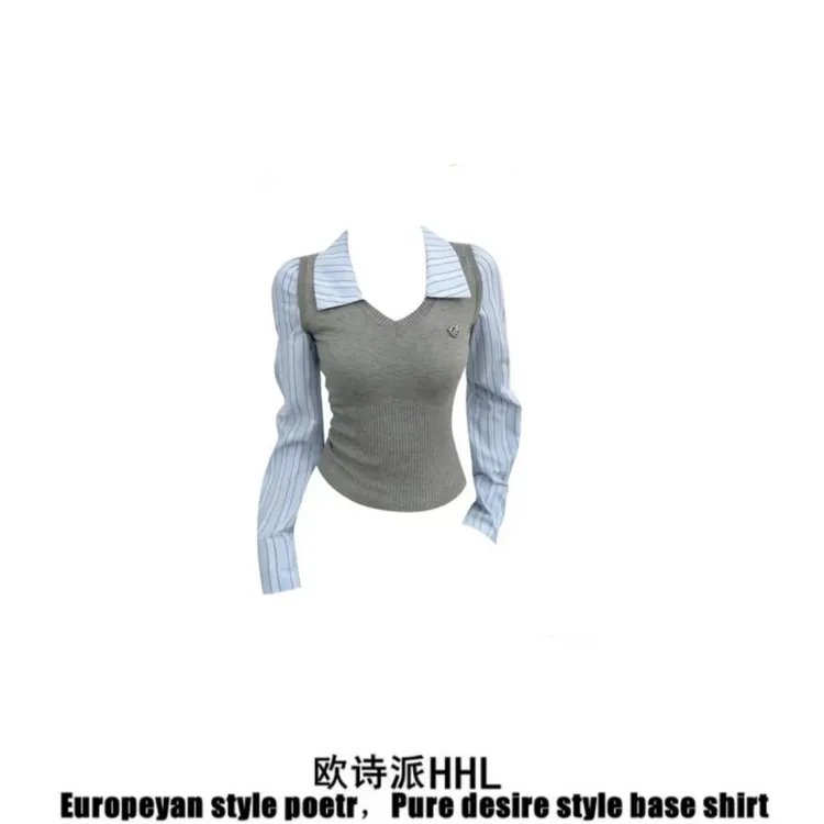 灰色条纹假两件拼接长袖衬衫女秋冬2025新款设计感修身显瘦上衣