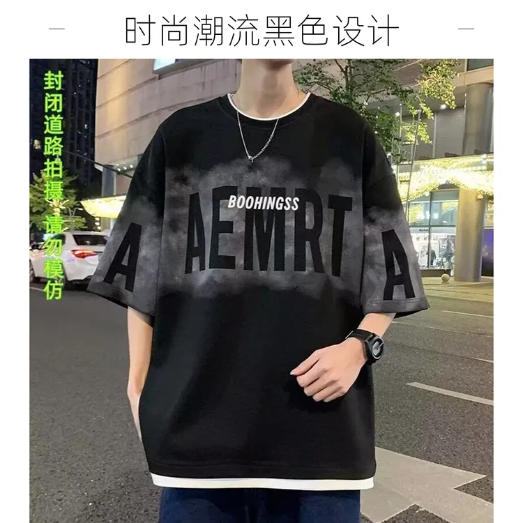 美式高街短袖T恤男夏季新款假两件潮流ins宽松大码半袖上衣恤衫