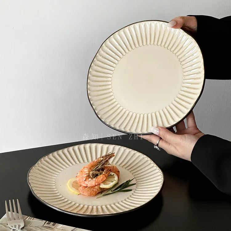 复古不规则陶瓷盘好看的西餐盘牛排盘意面盘家用浮雕沙拉盘甜品盘