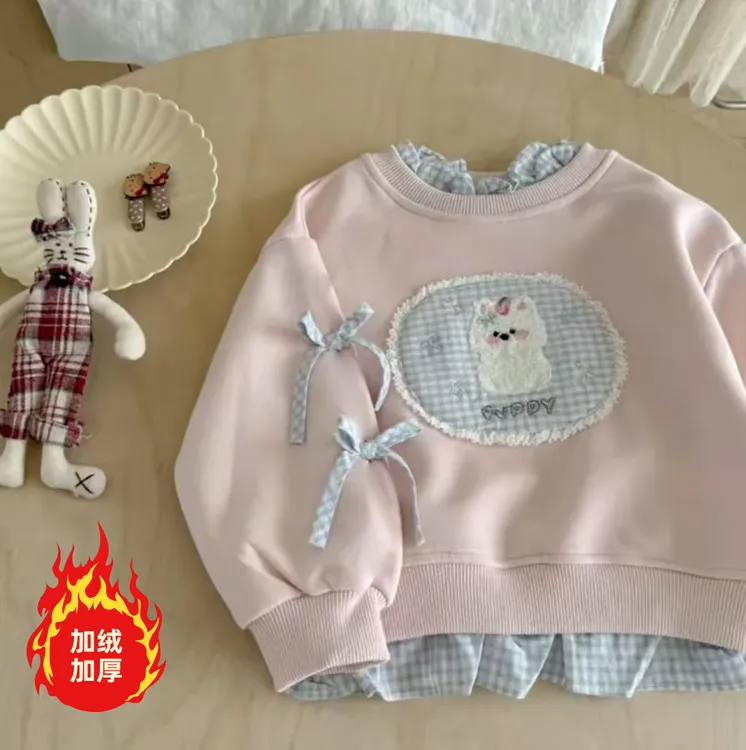 加绒女童卫衣春秋款新款小女孩假两件衣服儿童装宝宝秋季长袖上衣