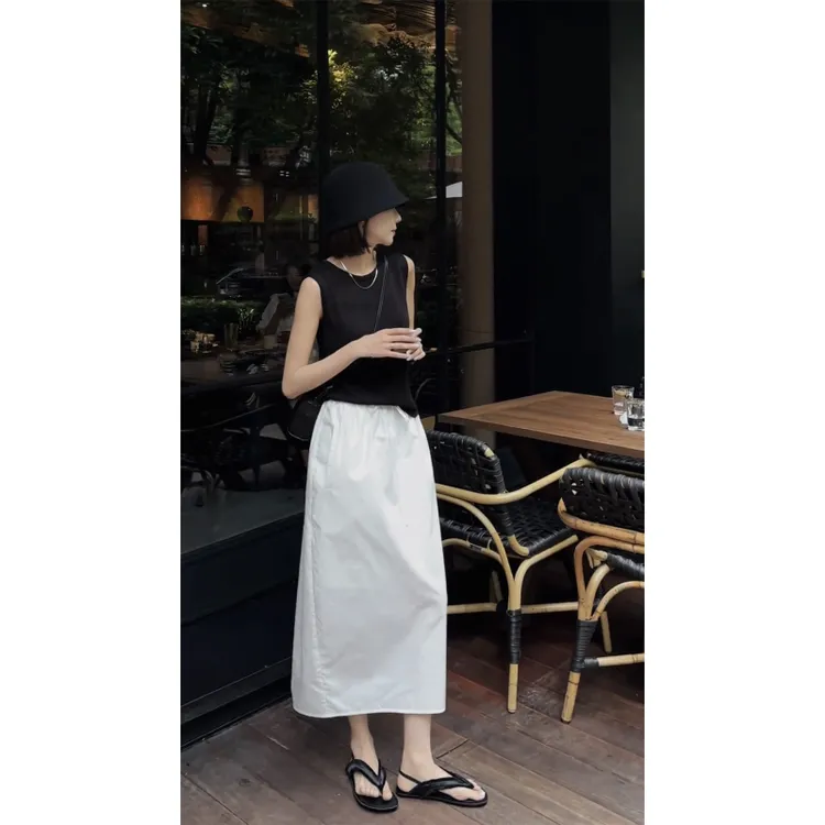 NUMEN BUTTON/灵扣白色半身裙秋季松紧腰抽绳花苞裙后开叉中长裙