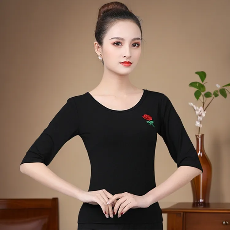 广场舞衣服女夏季舞蹈莫代尔上衣中老年黑色短袖圆领半袖跳舞服