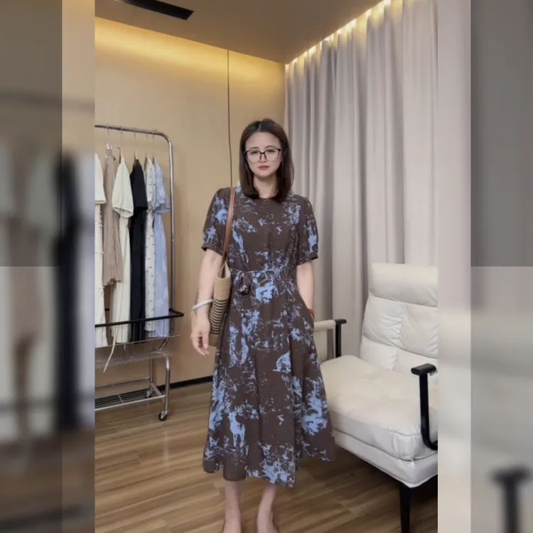 小个子碎花系带连衣裙遮肚子显瘦时尚洋气复古印花裙子029