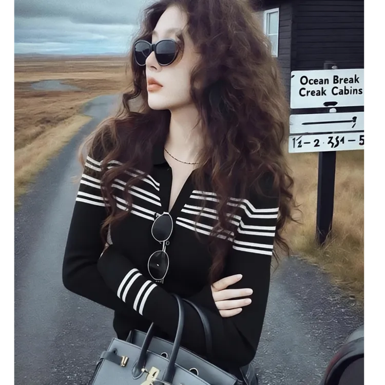 法式黑色高级感条纹半开领针织衫女秋冬气质百搭显瘦打底衫春外穿