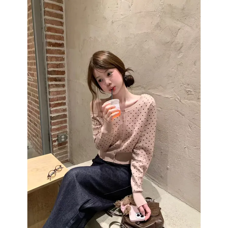 韩系波点针织开衫女双色早秋新款修身毛衣显瘦长袖上衣Z 9293#