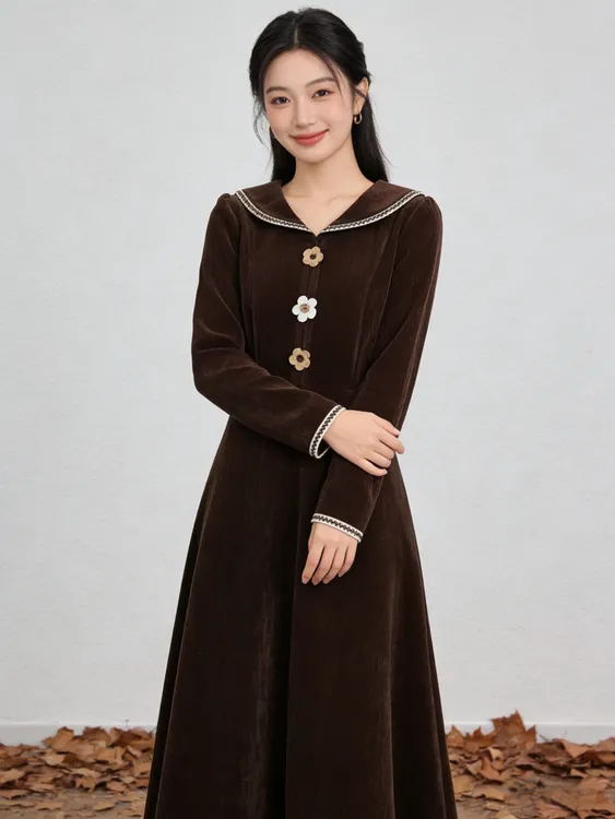 秋冬加厚绒感复古连衣裙法式海军领收腰气质款美拉德色大码连衣裙