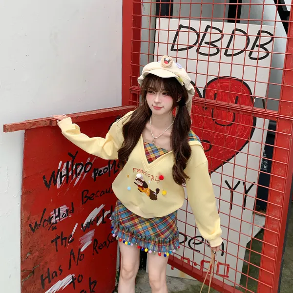 黄油奶咖 织物猪原创 甜美风V领连帽长袖卫衣女秋小个子黄色长裙