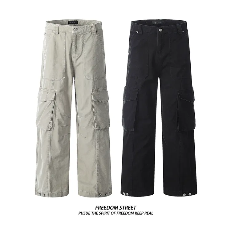 FreedomStreet美式复古工装裤多口袋宽松阔腿褶皱直筒休闲裤男女