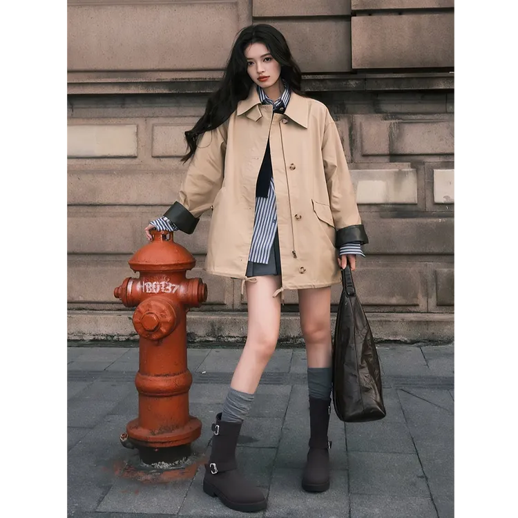 纪诗哲女鞋厚底废土风中筒百搭小短靴女秋季复古金属扣骑士马丁靴