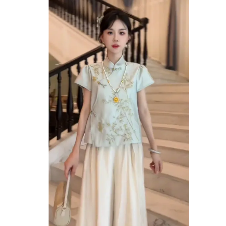 2025夏季新款时尚高级感法式设计感新中式短袖上衣裤子两件套