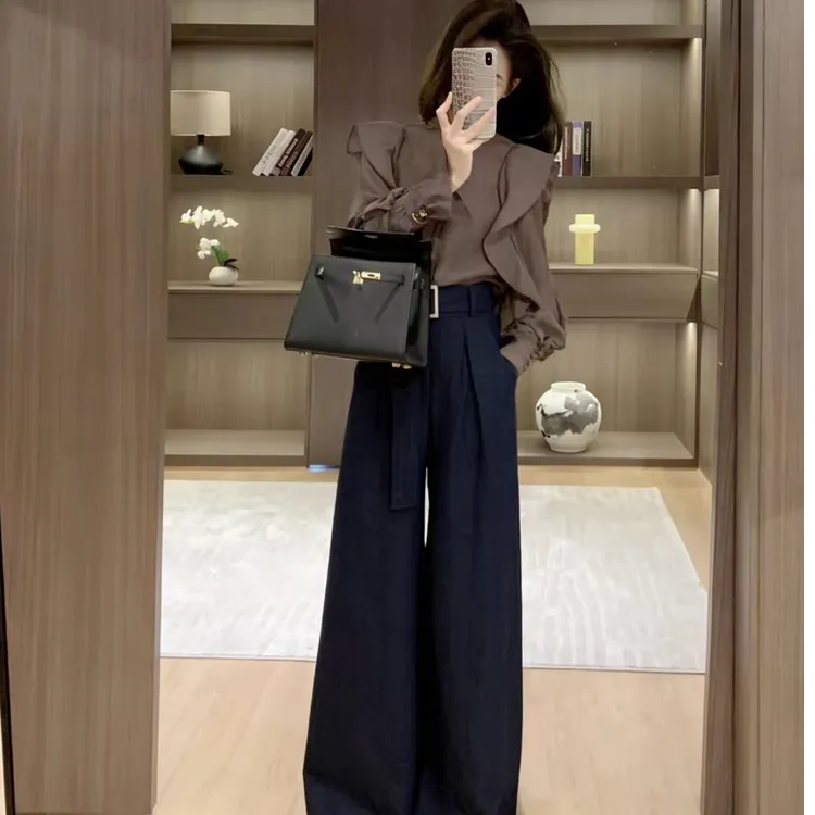 2026春季新款法式气质高级感木耳边设计上衣垂感高腰显瘦阔腿裤