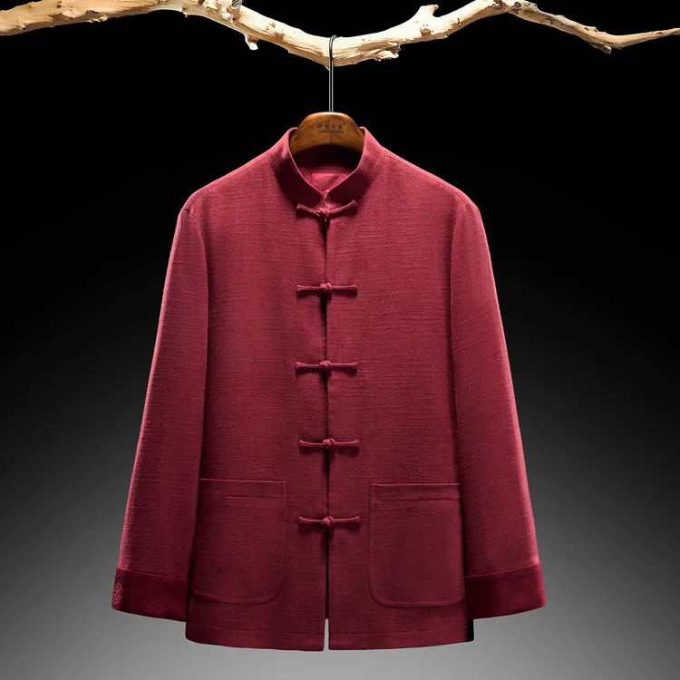 棉麻唐装男中青年中式复古红色休闲盘扣春秋季中国风立领盘扣外套