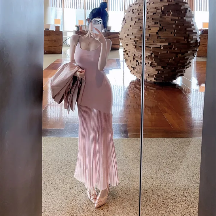 不规则透视鱼尾裙吊带连衣裙拼接海边度假长裙无袖背心显瘦
