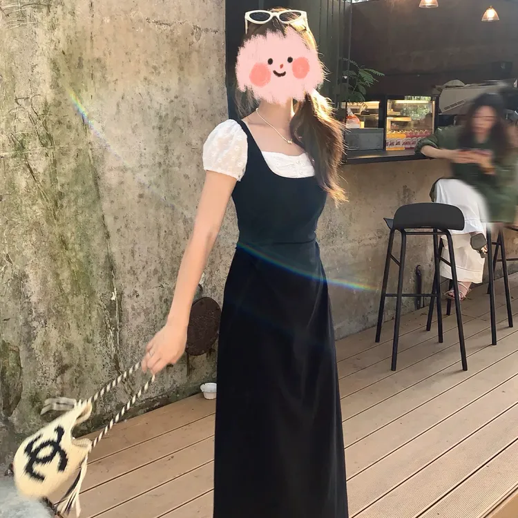 2025夏季新款韩版设计感泡泡袖方领假两件气质长款连衣裙小个子