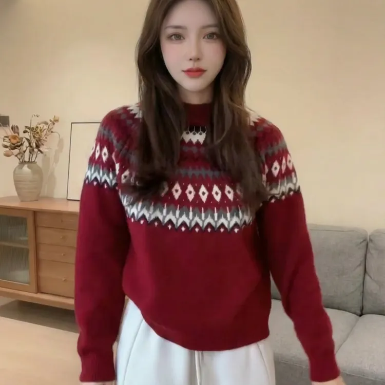 新款休闲百搭费尔岛圆领毛衣针织衫LK2509095