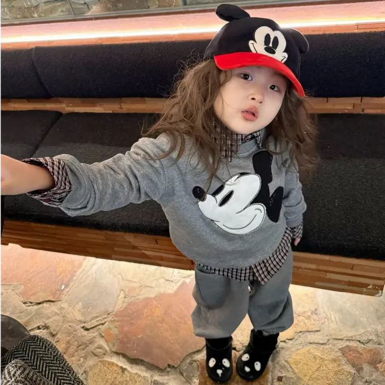 甜小七女童2025秋冬新款韩版休闲卡通米奇上衣格子衬衫卫裤套装
