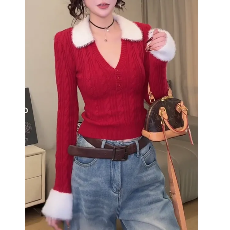 韩系设计感拼接毛毛领麻花纹针织衫女秋冬季新款修身显瘦百搭上衣