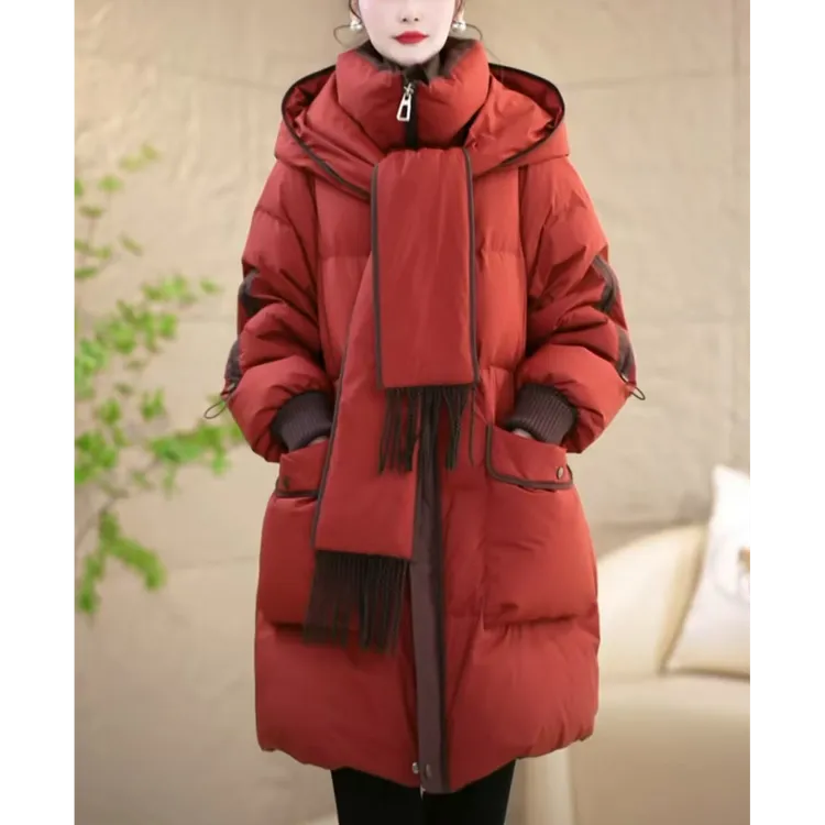 【艾薇娜】2025年气质舒适冬季设计感围巾连帽优雅百搭羽绒服