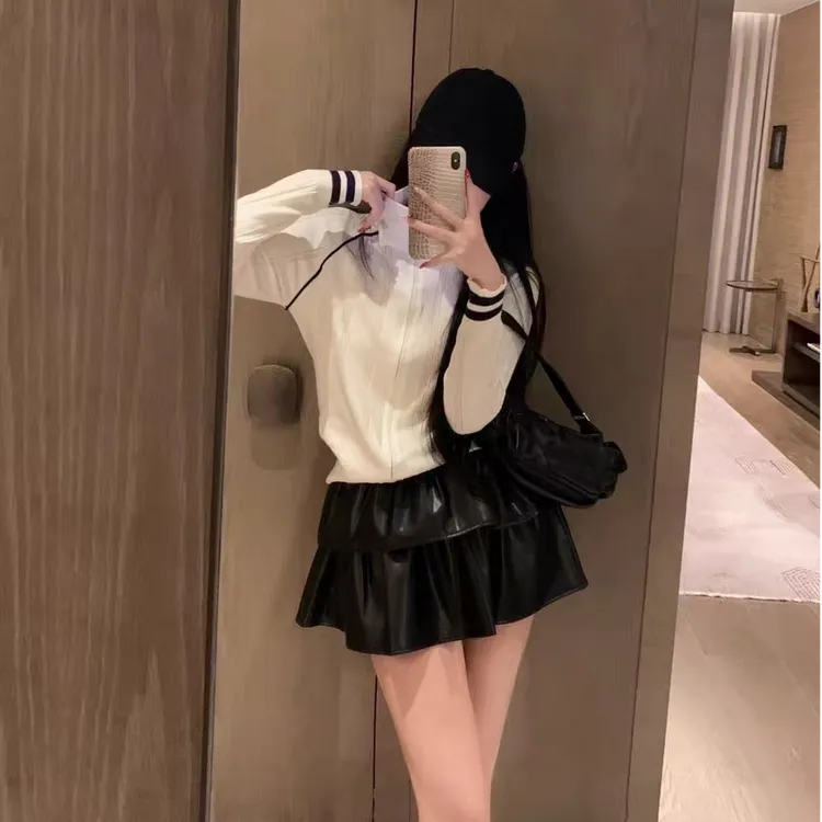 韩系立领长袖针织外套女秋季学院风宽松毛衣开衫拉链上衣+内搭