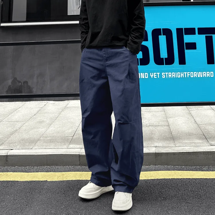 冬季新款弯刀裤厚款复古宝蓝色工装休闲裤男秋冬新款直筒裤26001
