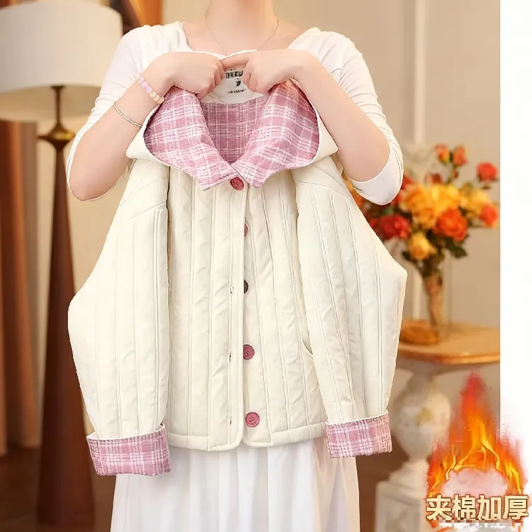 韩版休闲格子连帽宝宝圆领短款外穿童装棉袄女棉服女童保暖