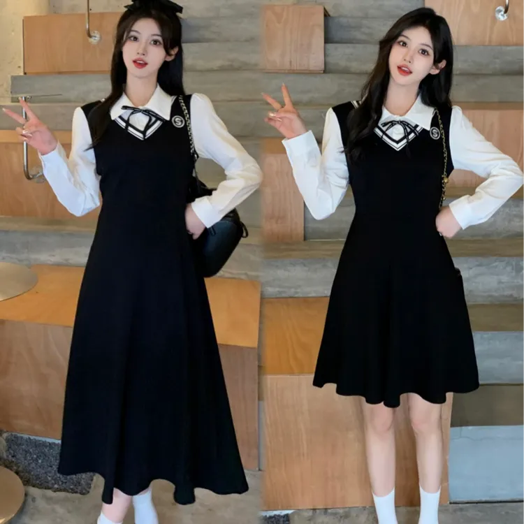 大码法式长袖连衣裙女2025新款春季收腰显瘦A字长裙胖MM撞色裙子