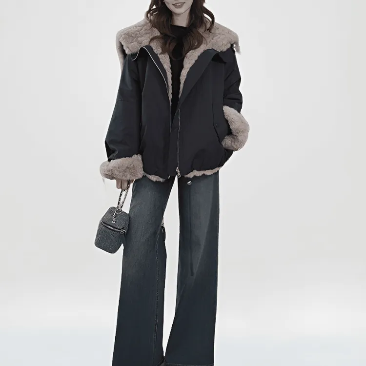 设计感撞色拼接两面穿毛毛厚外套女冬季新款宽松连帽拉链保暖上衣