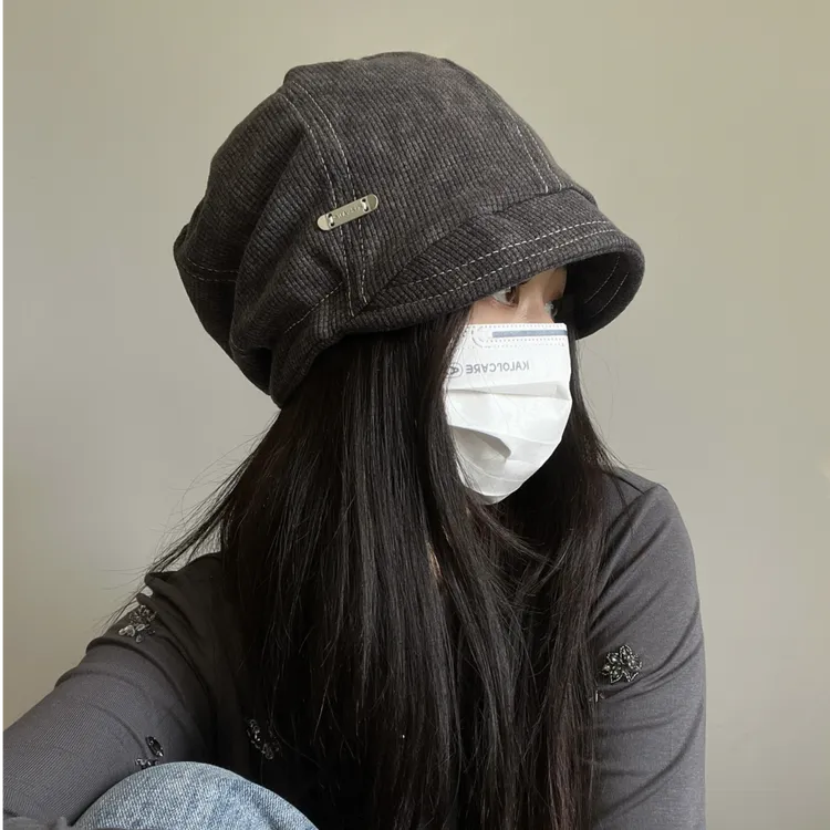 废土风小檐抽绳堆堆帽子女秋冬季复古休闲百搭包头帽冷帽显脸小