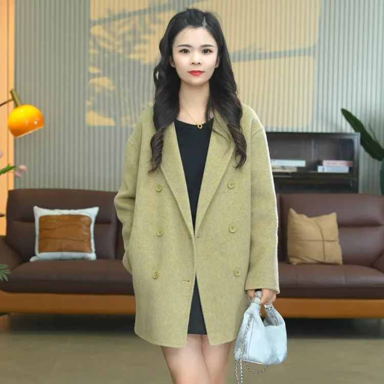 早春短款西装款双排扣经典百搭女士双面绵羊毛大衣外套