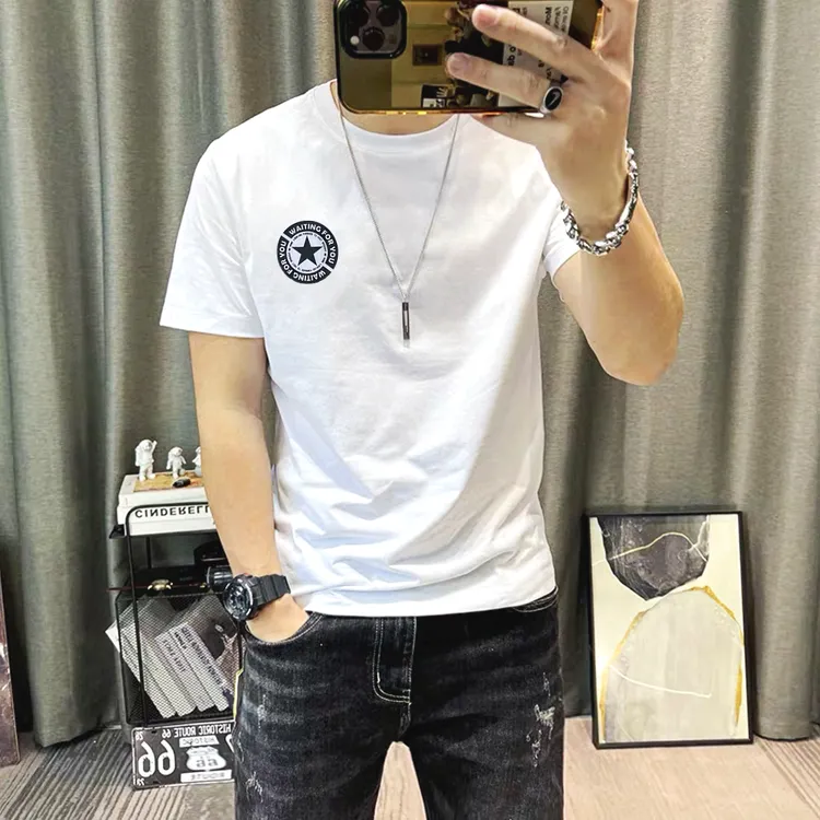 欧洲站简约个性五角星小标印花潮男短袖T恤高端纯棉透气半袖t恤