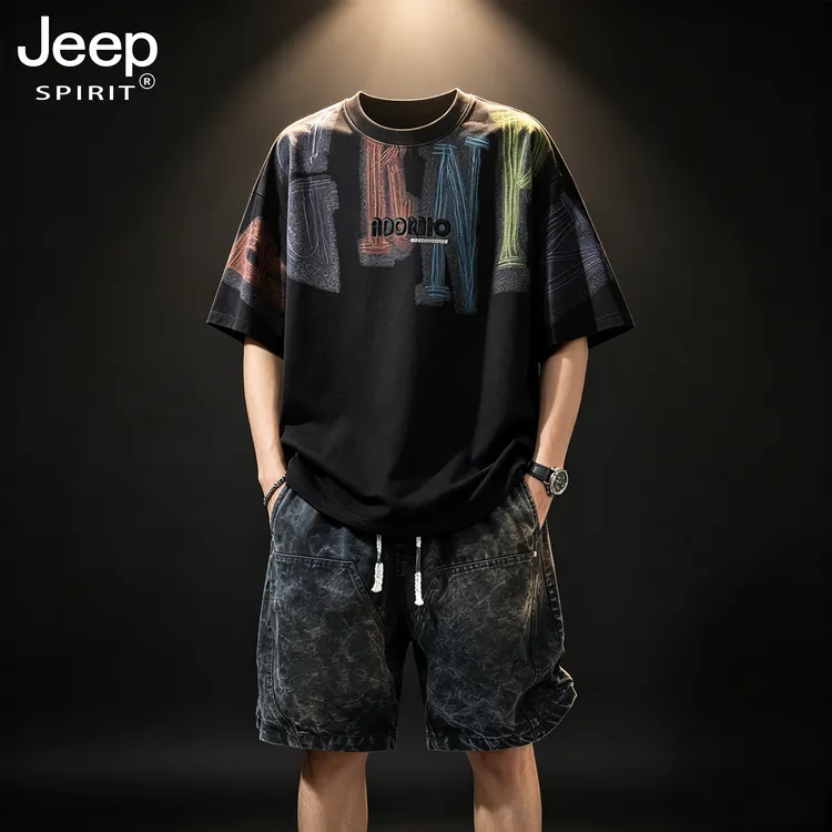 JEEPSPIRIT吉普男士套装夏季新款休闲两件套大码宽松简约短袖短裤