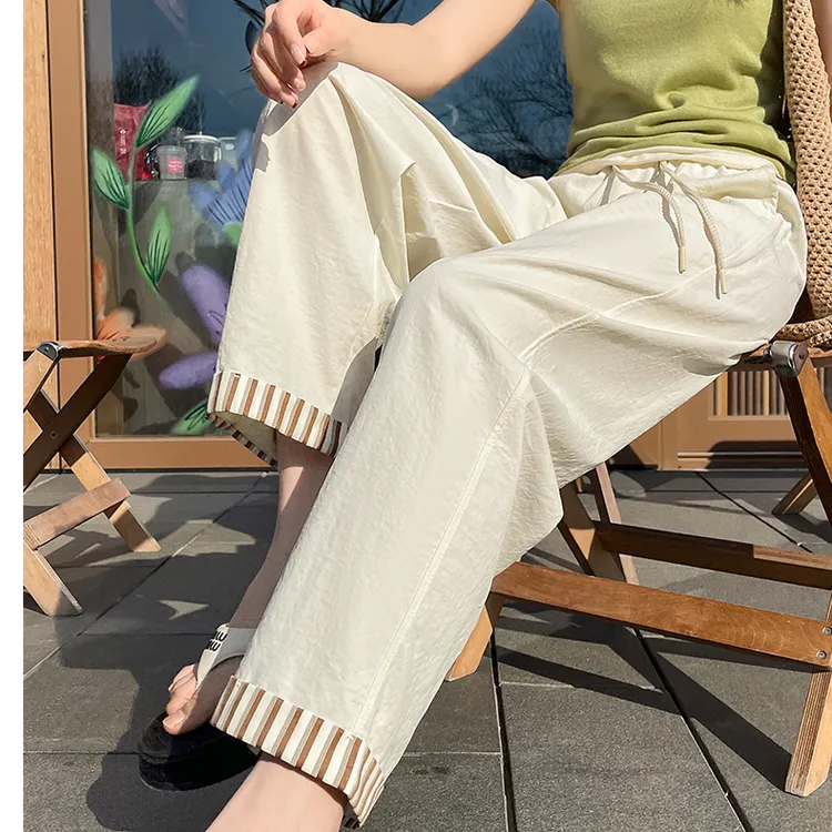 夏季新款卷边条纹休闲裤女九分裤2502